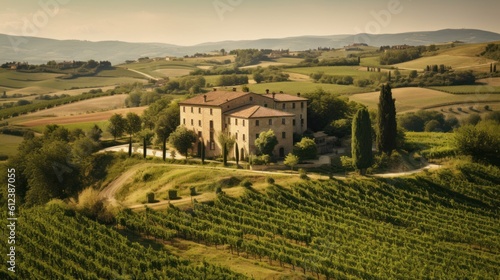 Sprawling villa surrounded by vineyards in the heart of the wine regions such as Chianti or Valpolicella, with wine cellars, terraces, and outdoor dining areas photo