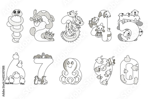 Black and white figures with animals: snake, cats, beavers, penguins, dragon, fish, pandas, octopus ducks. Coloring sheet with numbers from 0 to 9 with animals, learning to count cheerfully.