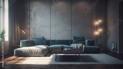 Modern minimalist living room. Dark grey walls, grey corner sofa, wooden square coffee table, wooden floor with carpet, trendy floor lamp, large panoramic window. Mockup, 3D rendering. Generative AI © Georgii