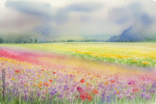 A watercolor painting of a field of flowers  AI generative
