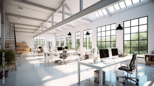 Modern loft open space office with panoramic windows and skylights. Concrete floor  white walls  ceiling with beams  large tables  comfortable chairs  desktop computers  plants in tubs. Generative AI