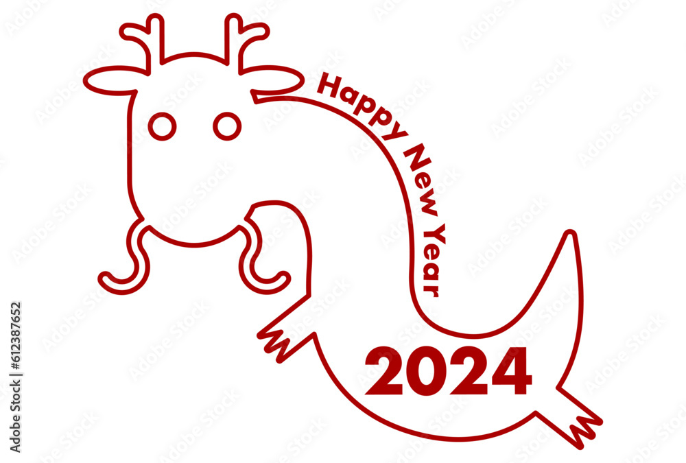Obraz premium 2024年辰年の年賀状イラスト: シンプルな龍のロゴ（赤ライン）