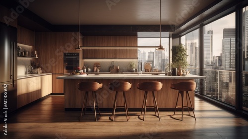 Modern loft kitchen with breakfast bar in an urban luxury apartment. Wooden floors, wooden facades, wooden bar counter with bar stools, floor-to-ceiling windows overlooking the city. 3d Generative AI
