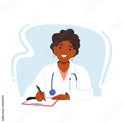 Smiling Female Doctor Character Sitting At Desk, Diligently Writing Notes On Clipboard, Displaying Professionalism