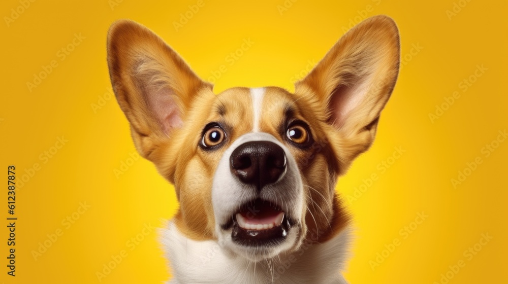 portrait of shocked corgi dog, unexpected gift, surprise, discounts, copy space for text, plain background. generated ai.