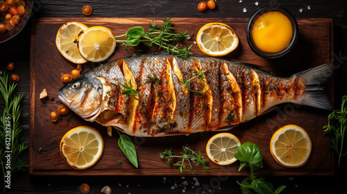 Grilled fish with lemon slices on wooden board and table created using generative AI