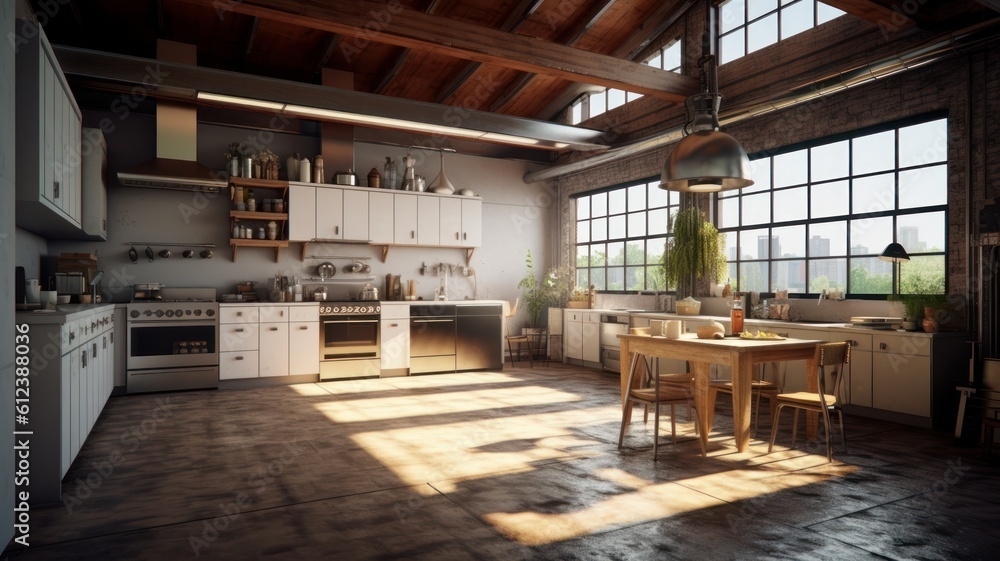 Spacious loft style kitchen with dining area. White facades, open shelves, modern kitchen appliances, a wooden dining table with chairs, wooden floor, green plants, panoramic windows Generative AI