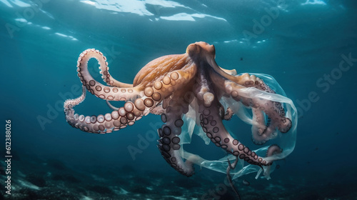 Generative AI illustration showing underwater view of giant octopus swimming on the ocean floor among garbage and pollution