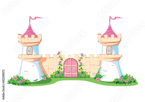 The watchtowers of the pink castle of the beautiful princess with a stone white wall and pink gates. Fairy tale architecture vector illustration isolated on white background