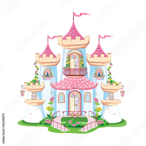 A beautiful pink castle of a beautiful princess with a balcony and heart-shaped jewels, towers, windows and gates. Vector illustration of fairy tale architecture on a white background