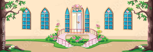 The door to the beautiful pink castle of the beautiful princess is decorated with heart-shaped jewels, windows and beautiful flower beds. Vector illustration of fairy tale architecture close-up isolat