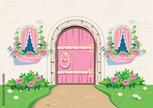 The door to the beautiful pink castle of the beautiful princess is decorated with heart-shaped jewels, windows and beautiful flower beds. Vector illustration of fairy tale architecture close-up isolat