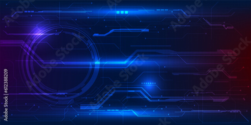 Vector illustrations of abstract blue digital hi tech background with glowing horizontal line and digital element circuit pattern.Digital technology concept.