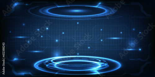 Vector illustrations of futuristic glowing blue stage layout for showcase with circuit lines and hexagon geometry and hi tech pedestal for product showcase and game artwork.