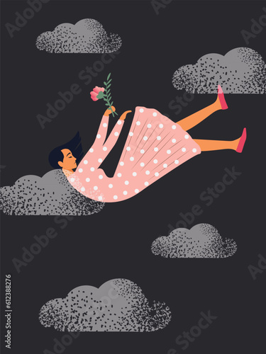 A tired, depressed woman falls into an abyss. The concept of psychological health. The fall of a girl in a dream. Vector.