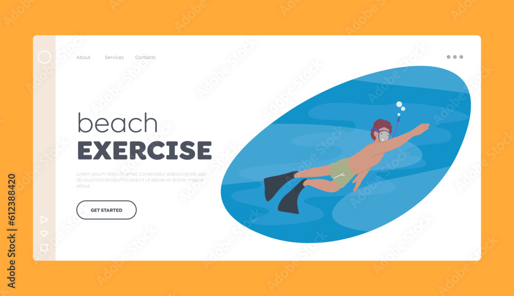 Beach Exercise Landing Page Template. Man Snorkeling With Mask, Exploring Underwater Wonders, Discovering Marine Life Beach Exercise Landing Page Template. Man Snorkeling With Mask, Exploring Underwater Wonders, Discovering Marine Life