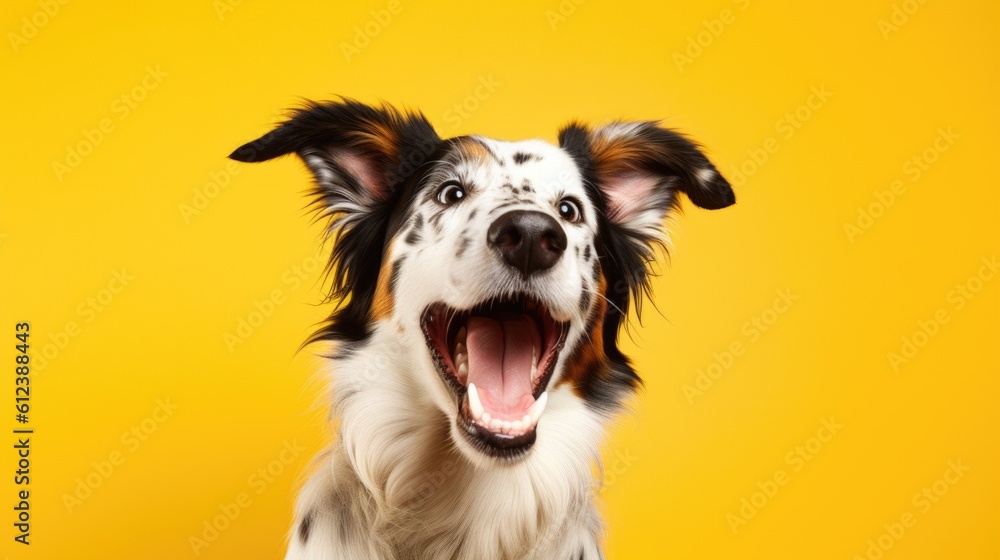 portrait of shocked collie dog, unexpected gift, surprise, discounts, copy space for text, plain background. generated ai.