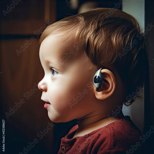 Hearing aid in kids ear. Toddler child wearing a hearing aid at home. Disabled child, disability and deafness concept. generative ai