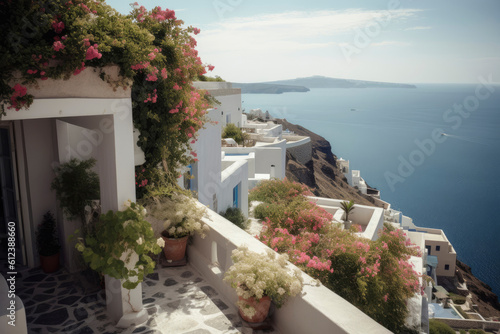 Mediterranean style white elegant house exterior with sea view  blue door and blooming plant climbing a wall. Modern greek architecture. Traditional villa of Santorini. Generative AI  human enhanced