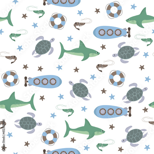 Vector seamless pattern with shark,submarine,turtle,shrimp,starfish,lifebuoy.Underwater cartoon creatures.Marine background.Cute ocean pattern for fabric, childrens clothing,textiles,wrapping paper