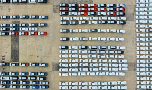 Aerial view new cars parking for sale stock lot row, New cars dealer inventory import export business commercial global, Business automobile and automotive industry