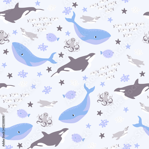 Vector seamless pattern with fish,penguin,whale,killer whale, octopus.Underwater cartoon creatures.Marine background.Cute ocean pattern for fabric, childrens clothing,textiles,wrapping paper