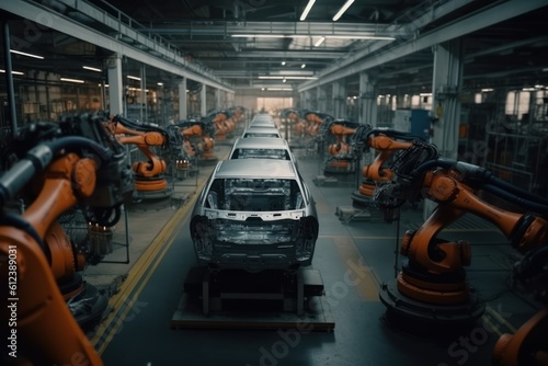 Robotic conveyor line for the assembly of cars. Mechanical assembly of car bodies. Modern automated production of cars in a factory. Generative AI © Georgii