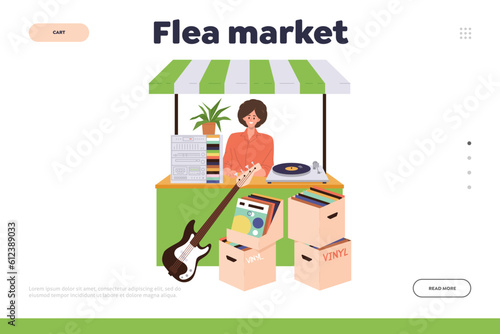 Flea market landing page template advertising retro bazaar garage sale for shopping unique things