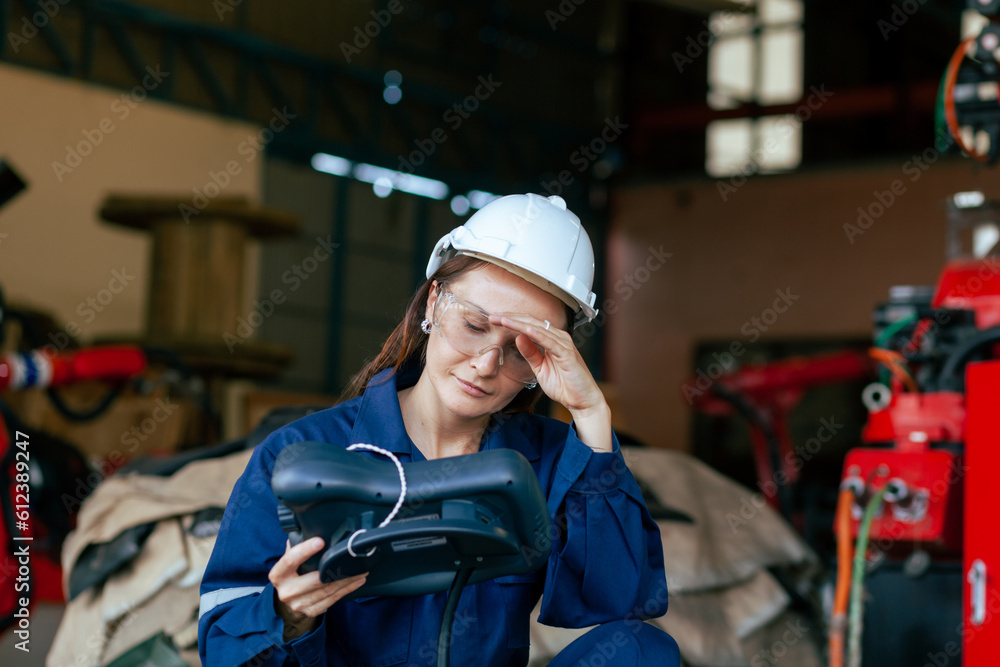 Female engineer working with pressure and stress in workplace Tiredness at work. industrial work concept
