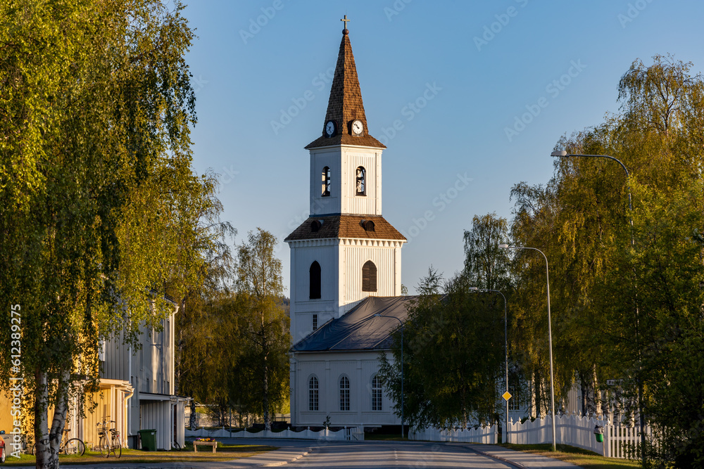 Naklejka premium Soresel, Sweden The church on the main street in Sorsele designed by Ludvig Hedin in 1860