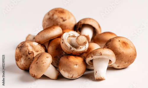 Close up shot of a bundle of baby bella mushrooms against a white background