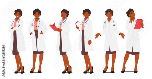 Confident And Skilled Female Doctor Character In Various Poses and Face Expressions, Showcasing Professionalism