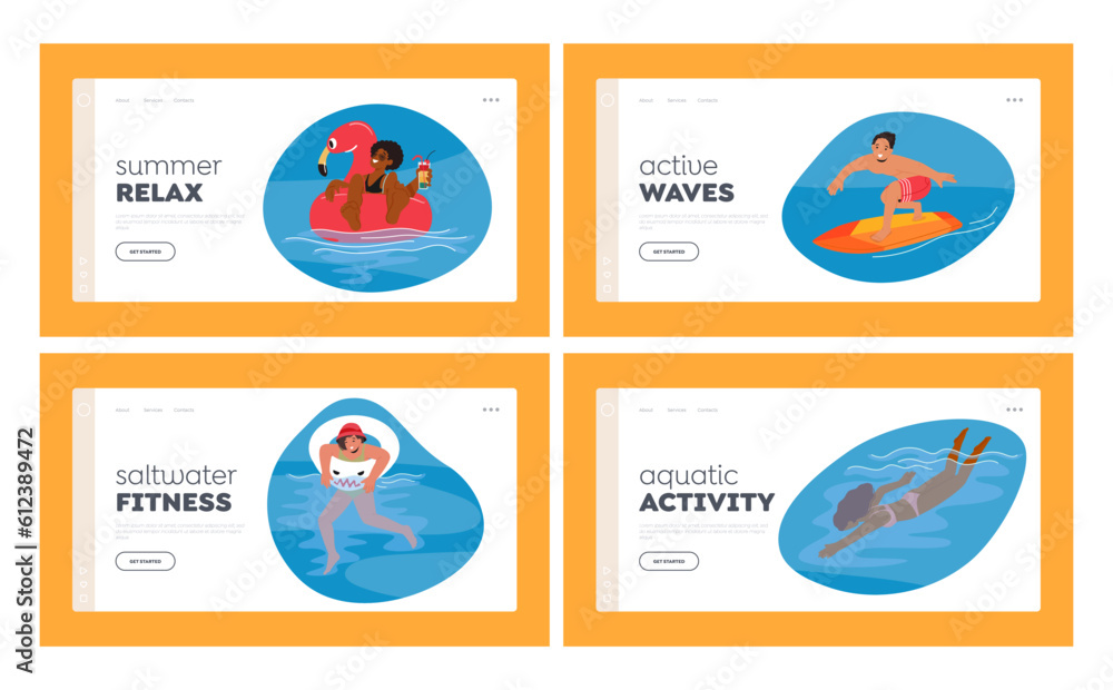 Summer Relax Landing Page Template Set. People Enjoy Sea, Splashing In The Waves, Swimming, Surfing, Vector Illustration
