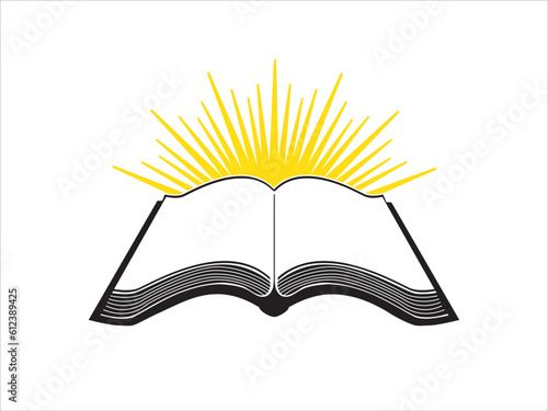 Open book with blank pages and rays of light behind. Open bible with sun rays beaming behind. Knowledge is key. Read a book icon. Bible study logo
