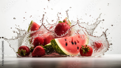 Close up shot of watermelon and berries with a splash of clear water