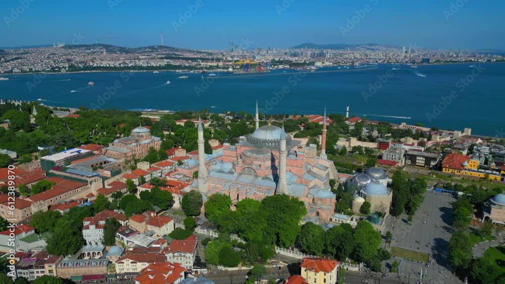 Hagia sophia near the bosphorus in istanbul Türkiye - camera zoom out Aerial flying drone video Hagia sophia near the bosphorus in istanbul Türkiye - camera zoom out Aerial flying drone video