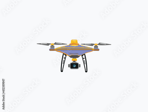 Realistic vector drone with a camera. Flying with aerial camera badge label graphic design logo icon illustration. Drone quadcopter. For signage, vector illustration. Flying in a white background.