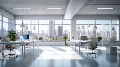 Modern hi-tech open space office with floor-to-ceiling windows and city view. White glossy floor, white walls, large tables, comfortable chairs, desktop computers, plants in floor tubs. Generative AI