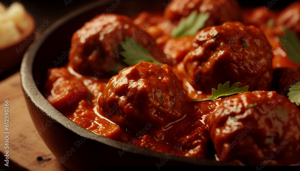 Meatballs with tomato sauce, delicious handmade meatballs with tomato, up close, Generative AI Meatballs with tomato sauce, delicious handmade meatballs with tomato, up close, Generative AI