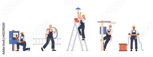 Set of electricians and installers people cartoon characters working to repair electrical equipment