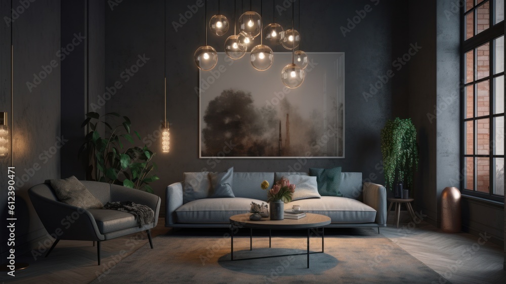 Modern loft style living room. Dark grey walls, grey sofa and armchair, wooden round coffee table, parquet floor with carpet, trendy chandelier, plants in floor pots. Mockup, 3D Generative AI