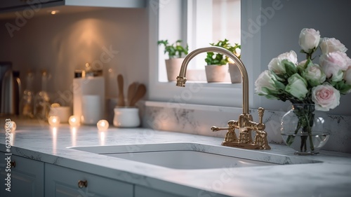 Fragment of a classic kitchen with a window. Marble countertop with built-in sink, tall old-fashioned faucet, kitchen utensils, green plants in pots, flowers in a glass vase. Generative AI