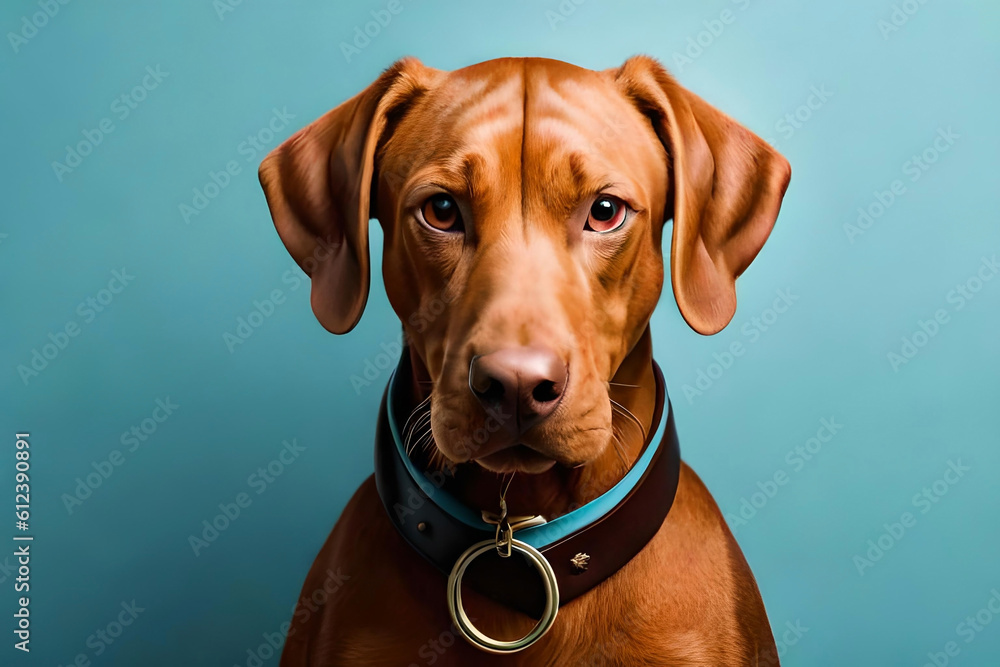 Vizsla on light blue background