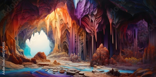 an inside view of a crystalline structure showing rainbow colored colors, in the style of photorealistic landscapes, violet and beige, dark amber and turquoise