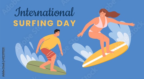 International Surfing Day horizontal banner. Men and Women surfer catch wave summer active. Vector illustration in flat cartoon style