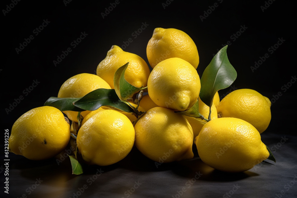 Limones amarillos, conjunto de limones apilados en la mesa. Generative ai.