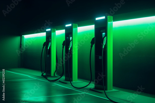 Estación de recarga de vehículos, gasolinera de baterías de coches. Estación eléctrica para recarga de coches eléctricos. Generative ai.