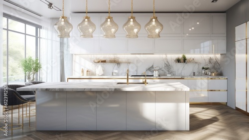 Modern classic white kitchen with dining area in a luxury apartment. Large kitchen island with marble top and comfortable chairs  luxurious chandelier  gilded details  large window with Generative AI