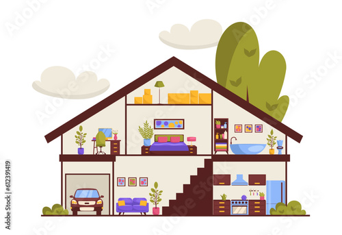 Cutaway house. Detailed modern house interior. Furnished rooms. Vector illustration.