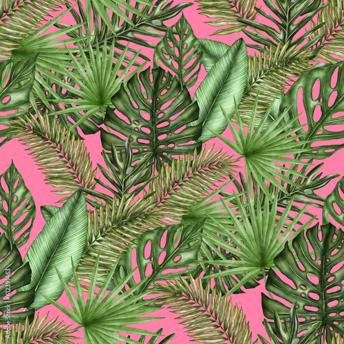 Watercolor seamless pattern with tropical leaves. Beautiful allover print with hand drawn exotic plants. Swimwear botanical design. 